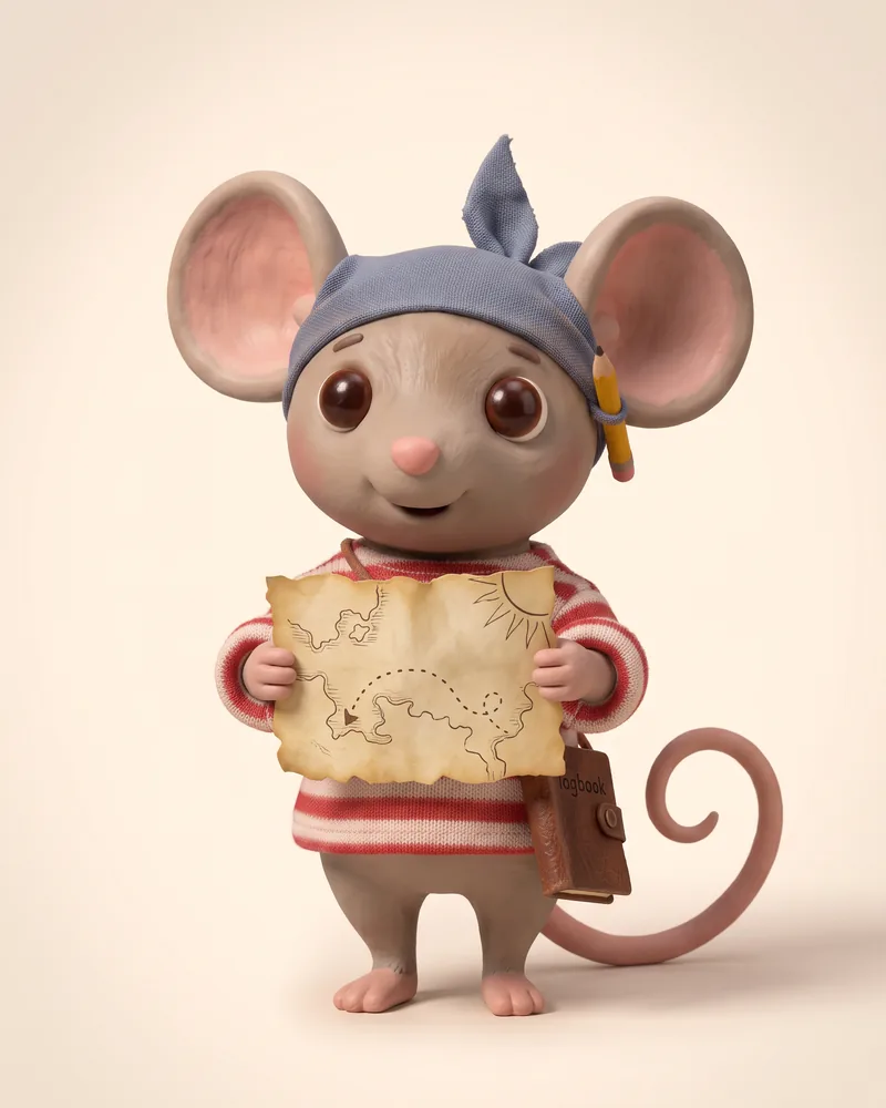 Pip, die kleine Maus, hält stolz ein altes Kartenstück hoch.